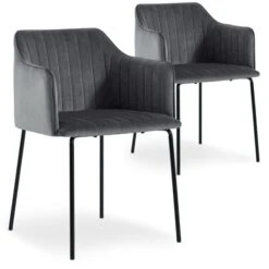 Chaise Avec Accoudoirs Velours Gris Et Pieds Métal Noir Uda - Lot De 2