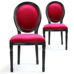 Chaise Médaillon Bois Patiné Noir Et Velours Fuchsia Louis XVI - Lot De 2