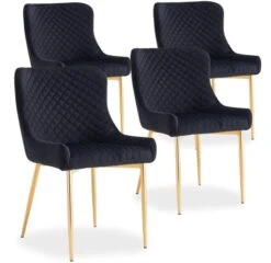 Chaise Velours Noir Et Pieds Métal Doré Ella - Lot De 4