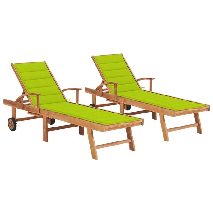 Chaises Longues 2 Pcs Avec Coussin Vert Vif Bois De Teck Solide 3 Chaises Longues 2 Pcs Avec Coussin Vert Vif Bois De Teck Solide