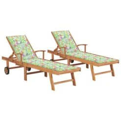 Chaises Longues 2pcs Avec Coussin Motif De Feuilles Teck Solide