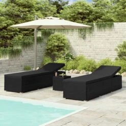 Chaises Longues De Jardin Table à Thé 3 Pcs Résine Tressée Noir 2