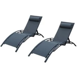 LOUNGITUDE Lot De 2 Transats En Aluminium Noir Et Toile En Textilene Gris