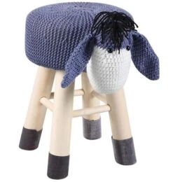 Pouf Enfant âne Crochet Bleu Et Pieds Bois Massif Leala - Lot De 4