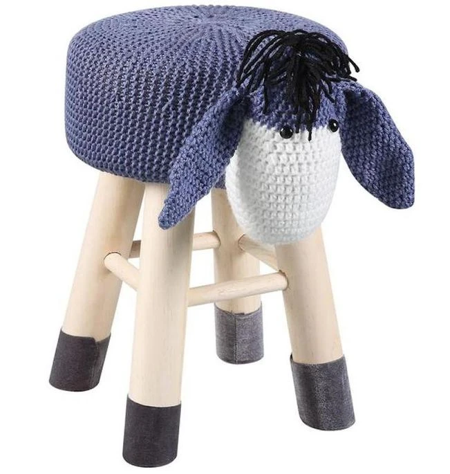 Pouf Enfant âne Crochet Bleu Et Pieds Bois Massif Leala - Lot De 4 3 Pouf Enfant âne Crochet Bleu Et Pieds Bois Massif Leala - Lot De 4