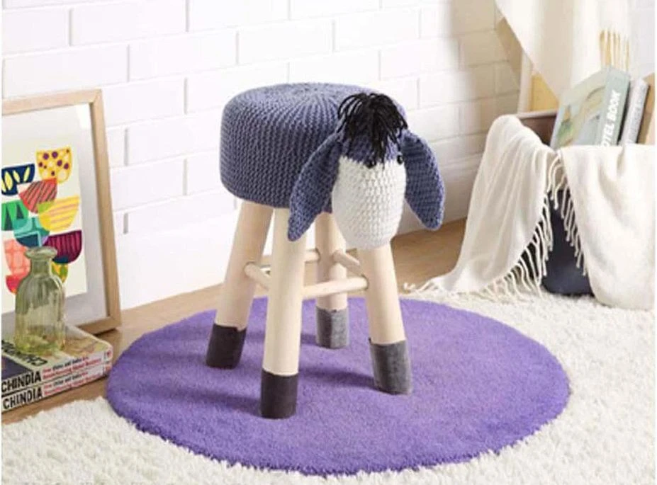 Pouf Enfant âne Crochet Bleu Et Pieds Bois Massif Leala - Lot De 4 4 Pouf Enfant âne Crochet Bleu Et Pieds Bois Massif Leala - Lot De 4 – Image 2