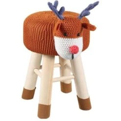 Pouf Enfant Cerf Crochet Marron Et Pieds Bois Massif Leala