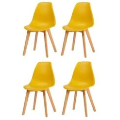 SACHA Lot De 4 Chaises De Salle A Manger Jaune Moutarde + Pieds En Bois Hévéa Massif - Style Contemporain - L 48 X P 57 Cm
