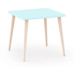 Table Carrée Bleu Et Pieds Naturel